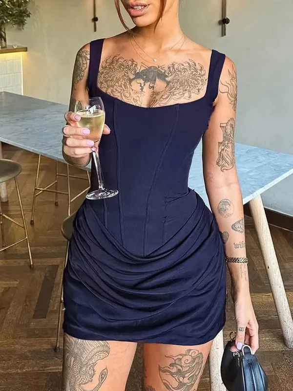 Sexy Square-neck Halter Mini Dress Women Pleated Sleeveless Backless High Waist Bodycon Dresses 2026 New Summer Lady Party Robe