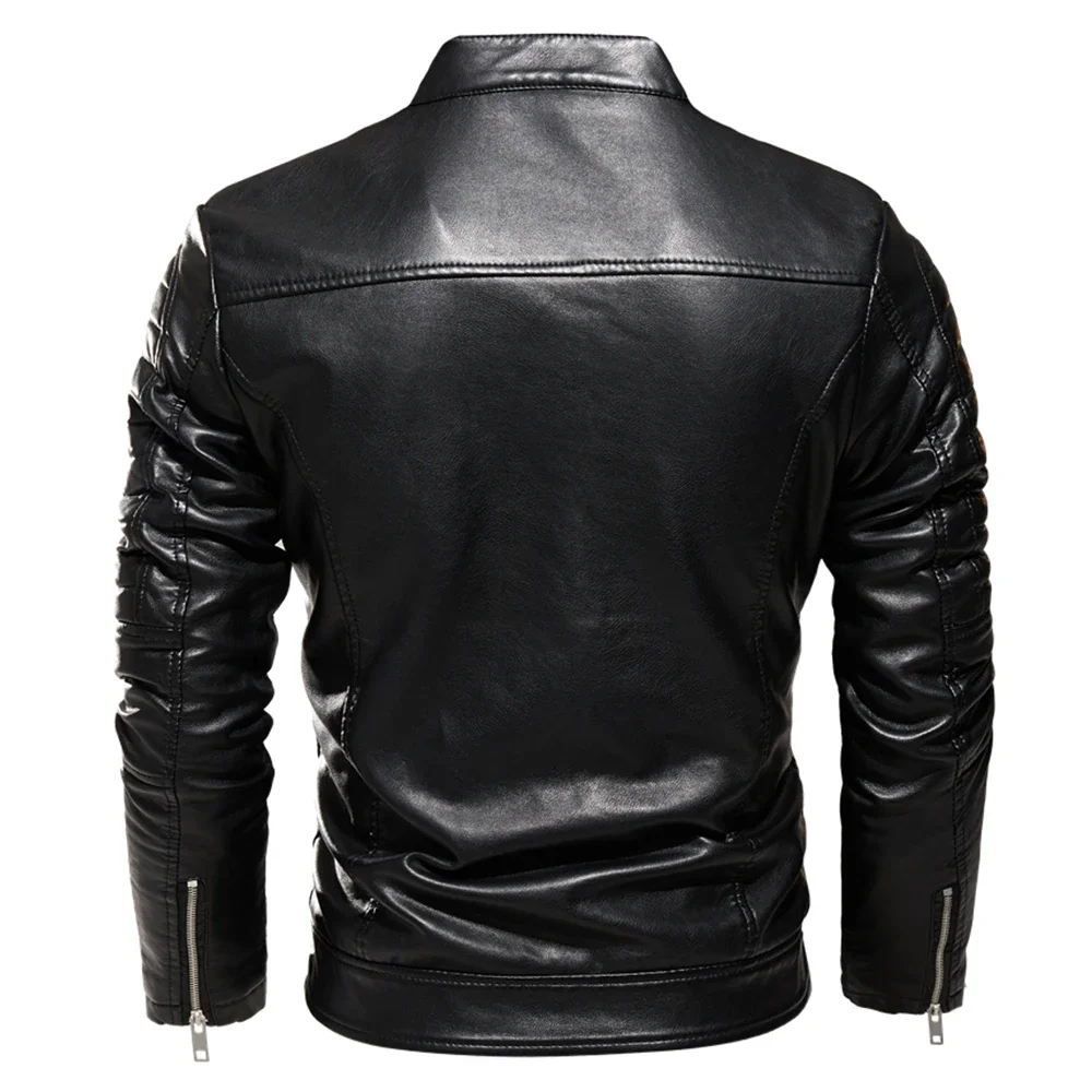 2025 Winter Black Leather Jacket Men Fur Lined Warm Motorcycle Jacket Slim Street Fashion BLack Biker Coat Pleated Design Zipper — image 2