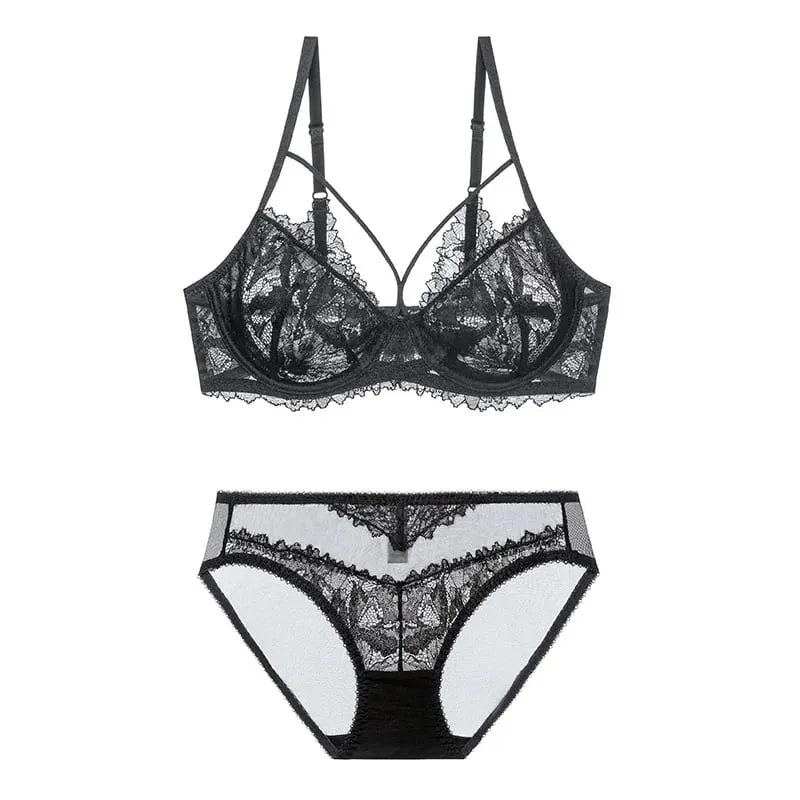 L'bellagiovanna Plus Size Minimizer Bra Set Strappy Caged Lace Lingerie Embroidery Sheer Mesh Bralette Underwire Unlined Bra B-E