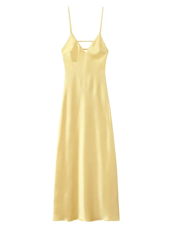 Sexy Yellow Satin Lace Patchwork Dress Spaghetti Strap Sleeveless V Neck Bias Cut Female Dresses 2026 Summer Evening Party Robe