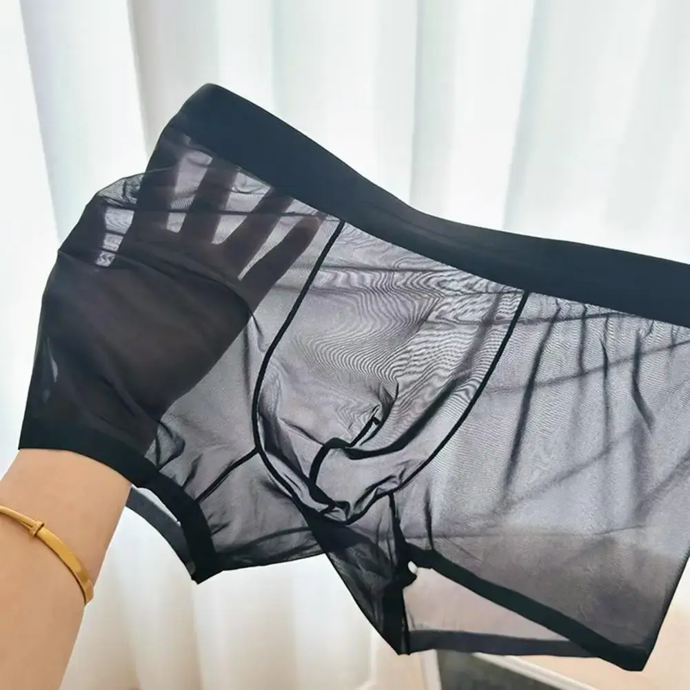 Boxer Transparent léger pour hommes, sous-vêtements élastiques, taille moyenne, convexe en U, short à Perspective fine, culotte sans couture