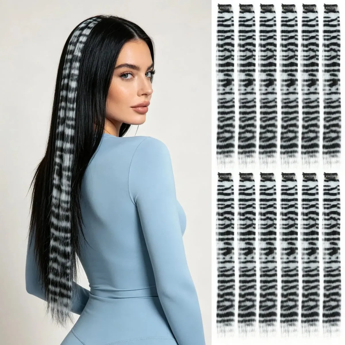 Synthetic clip in colorful striped hair Clip in feather hair extensions 18inch for women ladies daily party holiday