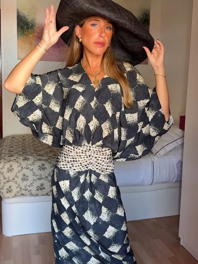 Vestido longo feminino com decote em v, cintura solta, cinched, cores contrastantes, manga curta, plissado, maxi, chique, férias, novo vestido feminino