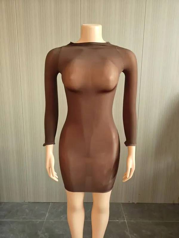 Oil Shiny Seamless Body Stockings Bodycon Mini Dress Women See Through O Neck Long Sleeve High Stretch Silky Glossy Clubwear