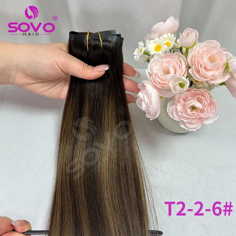 110G Tape PU Clip In Hair Premium Remy Clip In Human Hair Extensions 7pcs Clip-on Hair 14"-24" Balayage Ombre Mocha Brown Black
