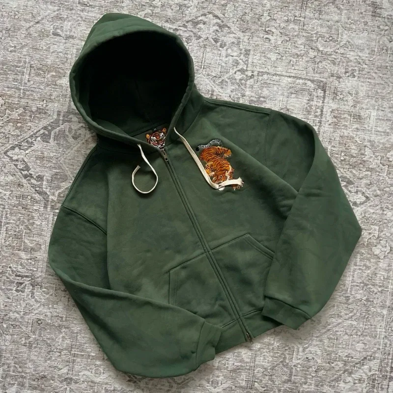 Dark Brown Full Zip Hoodie Double Men Wolf Embroidery Drawstring Pocket Oversized Y2K Grunge Vintage Street Zip Up Sweat Jackets