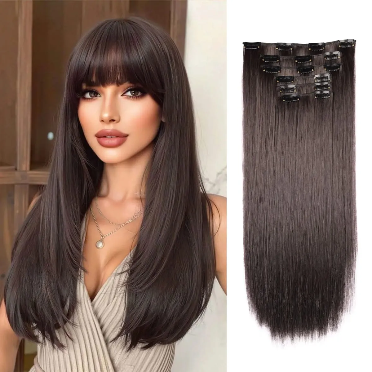 Synthetic Clip in Hair Extensions Clip in 6pcs set Straight Hair 22inch Thick Hairpieces for Women Girls Daily Party — image 11