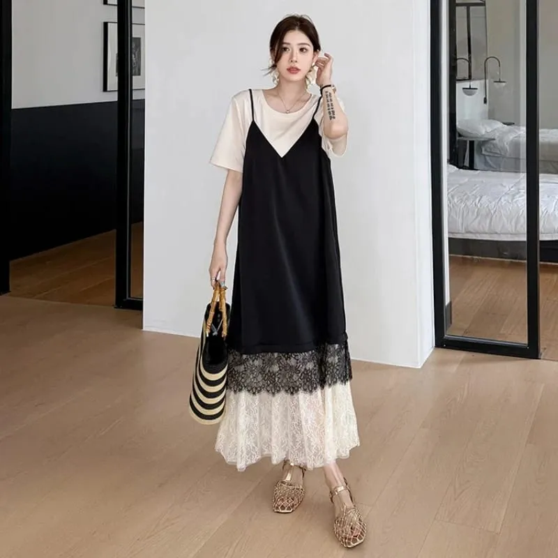 New 2026 Summer Women's Dresses Loose Plus Size Patchwork Lace Vestidos Fake Two Piece Female T-Shirt Dress Robe KE6690