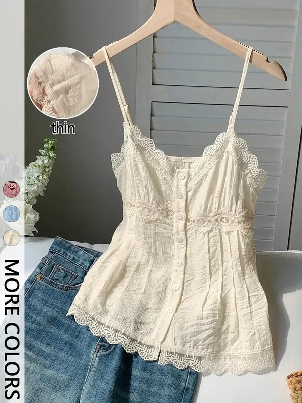 Ladies Lace Trim Pleated Texture Halter 