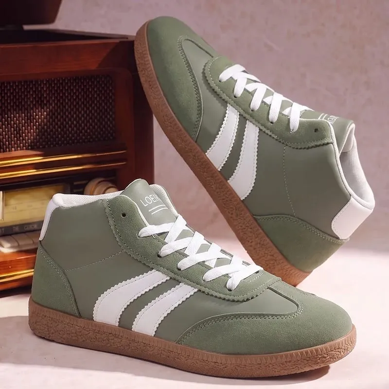 Unisex High Top Retro Sneakers Striped Patchwork Lace‑up Soft Rubber Sole Daily Casual Board Shoes for Men Women