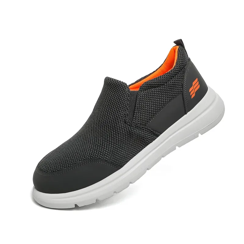 Men's slip-on hollow mesh walking loafers spliced smooth toe overlay dual elastic side gussets block segmented white outsole d