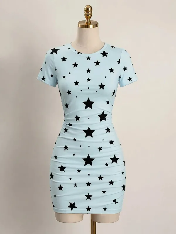 Womens Short Sleeve Bodycon Mini Dress Slim Fit Crew Neck Floral Print Casual Summer Party Cute Stretch Trendy Vacation Sundress — image 7