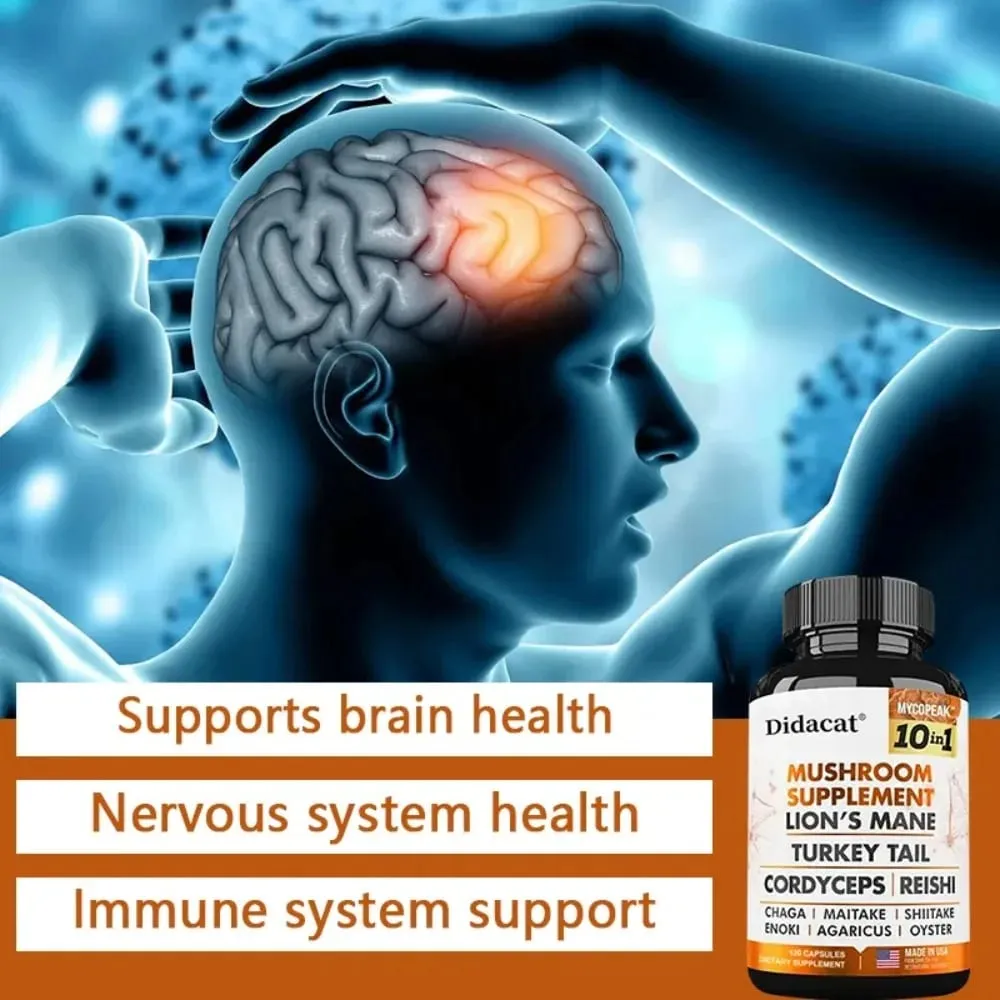 10x Mushroom Complex - Brain Nervous System Health and Memory Supplements Immunity Sleep Energy Mood Support