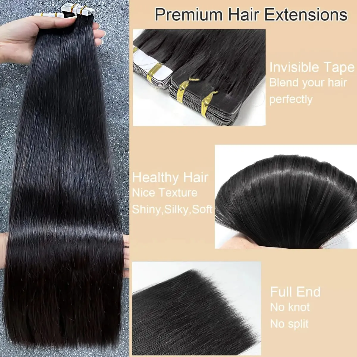 Straight Tape In Hair Extensions 100% Human Hair Natural Black Adhesive Invisible Glue Replaceable Seamless Tape Ins 20pcs/50g