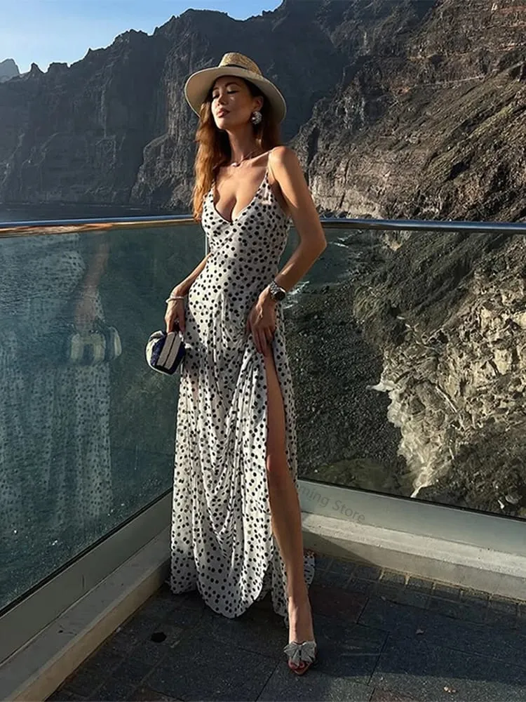 Polka Dot Sling Dress Women V Neck Sleeveless Backless High Waist Robe Female 2026 Summer Fashion Chic A Line Dresses Lady