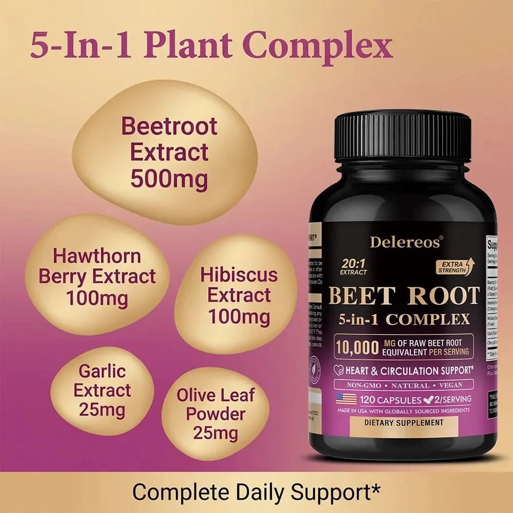 Organic Beetroot Extract Capsules 500mg Supports Blood Circulation & Heart Wellness Blood Flow Improves Immunity