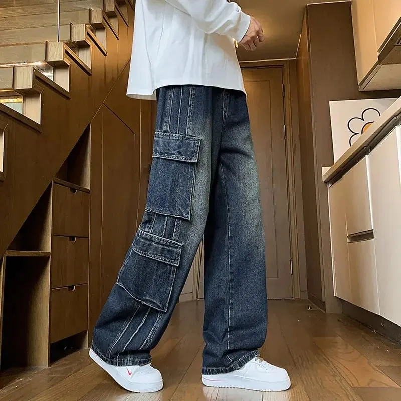 Autumn New Men's Loose Jeans Multi-pocket Work-wearing Jeans Street Hip-hop Straight Wide-leg Pants Baggy Dance Pants — image 6