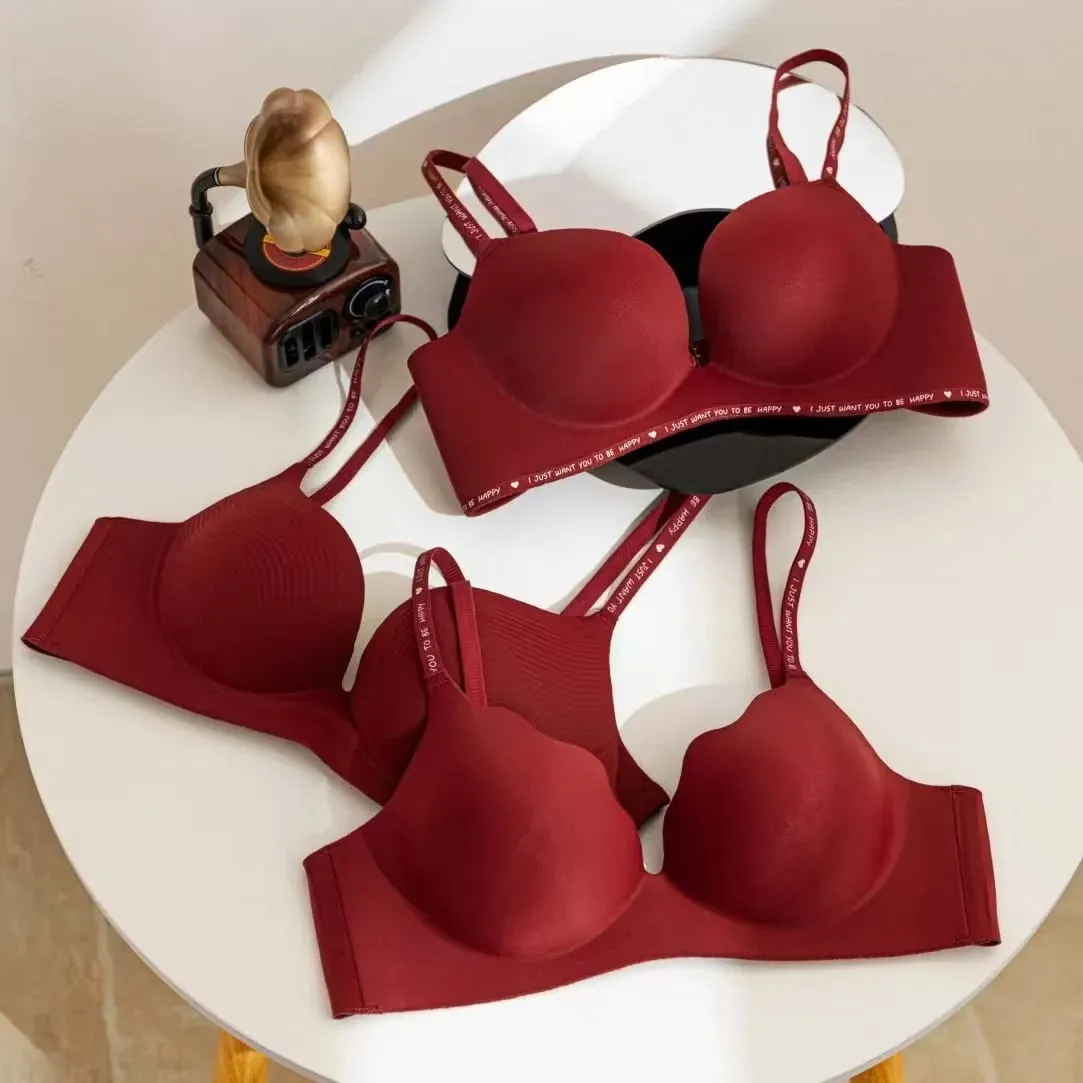 Sexy Red Push up Bra Set for Small Breasts Anti-Sagging Comfortable Breathable Wedding Lingerie Set without Underwire