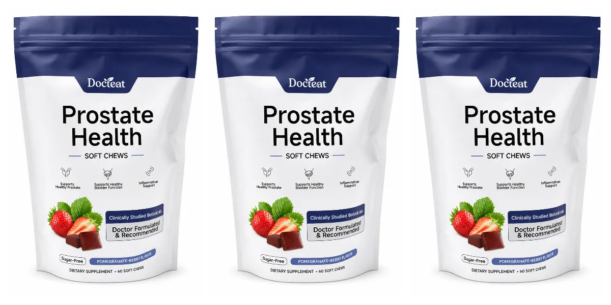 Docteat Měkké žvýkačky pro zdraví prostaty 60krát denně podpora s příchutí granátového jablka a bobulí bez cukru s extraktem z Reishi, zinkem a vitamínem C