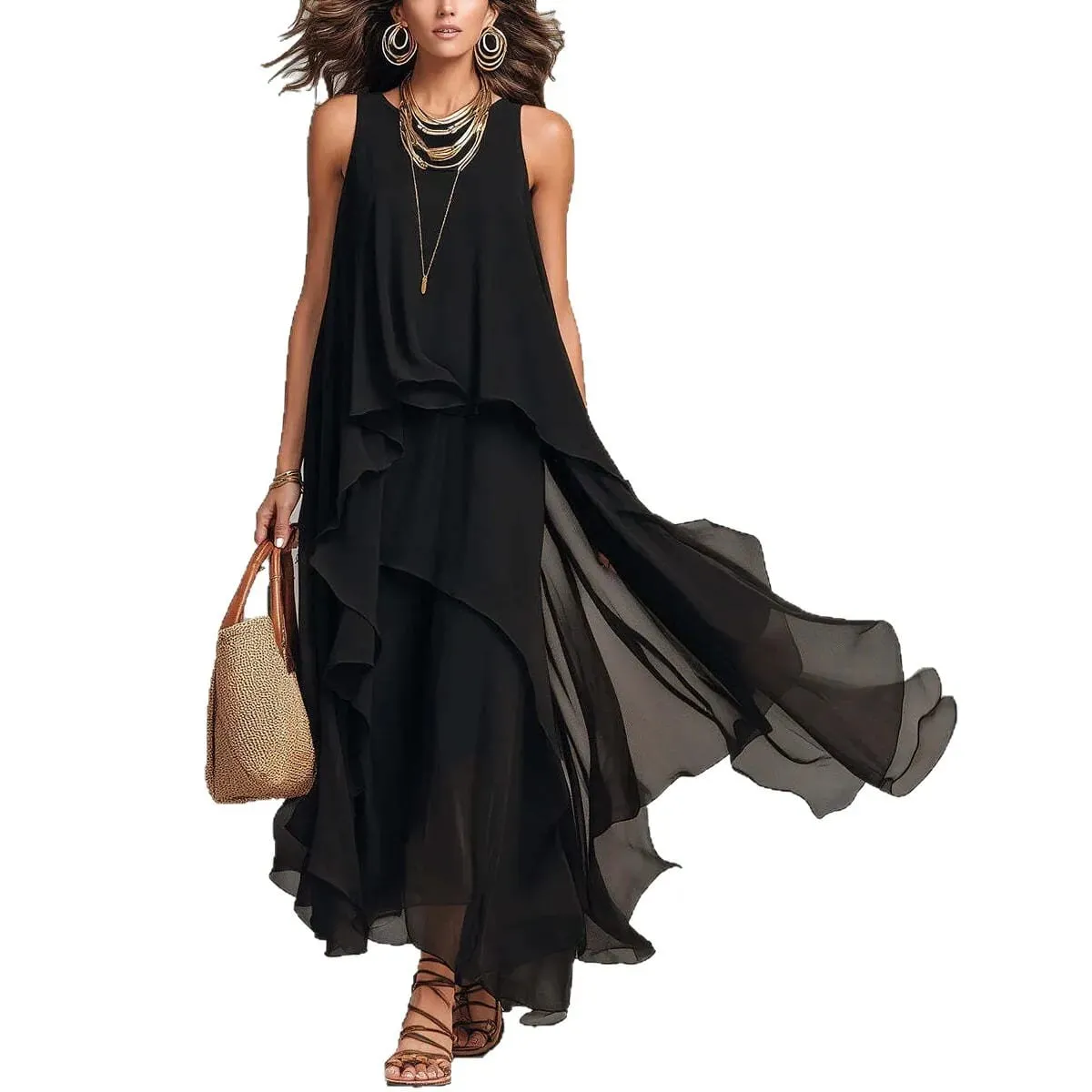 2026 New Black Sleeveless Irregular Chiffon Long Dress With Elegant Temperament For Women Dress