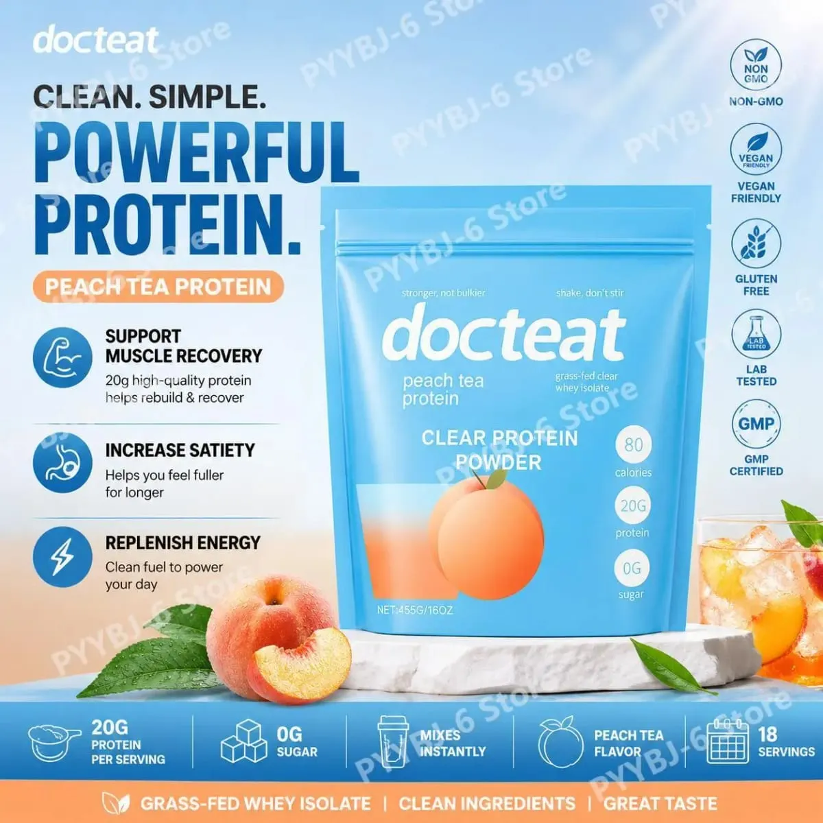Docteat Peach Tea Clear Protein Powder 455g Whey Isolate & Stevia 20g Protein Low Fat 0g Sugar Fitness Workout Recovery Support — image 2