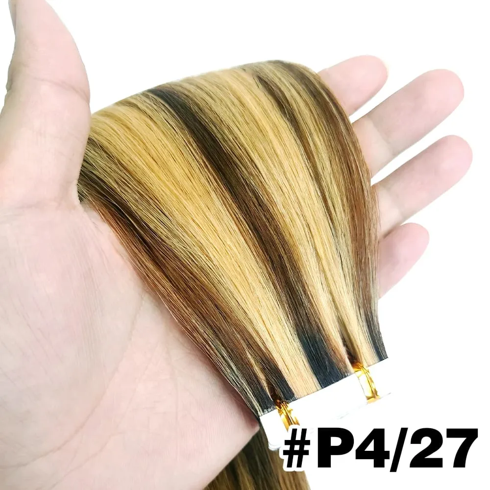 Tape In Hair Extensions Human Hair Natural Color Silk Soft Straight Seamless Invisible Tape In Extensions Color #2 for Women 50G