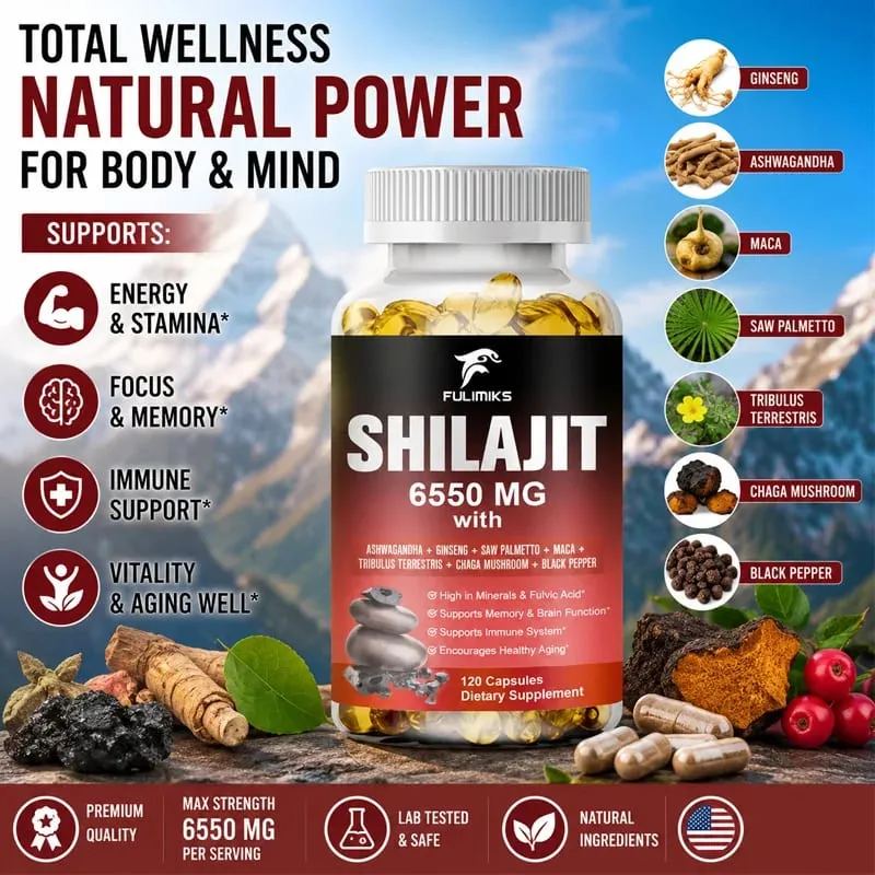 Shilajit Fulvic Acid Supplement with Chaga & Black Pepper Boosts Energy Stamina Immunity Brain Health & Vitality