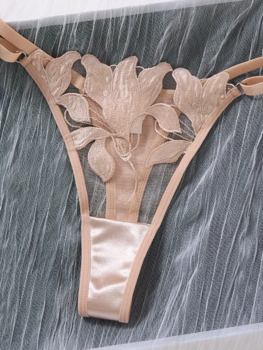 Nude Pink Floral Embroidery Lingerie Set Women Sheer Mesh Push Up Bra And Thong 2 Piece Sexy Transparent Lace Underwear ZA824031