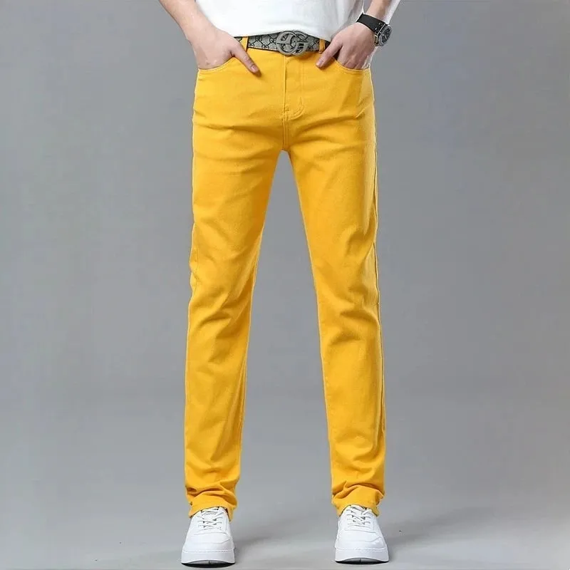 Men's Colorful Denim Stretch Stretch Jeans New Elastic Yellow Pink Red Slim Male Clothing Simple Business Denim Trousers — image 4
