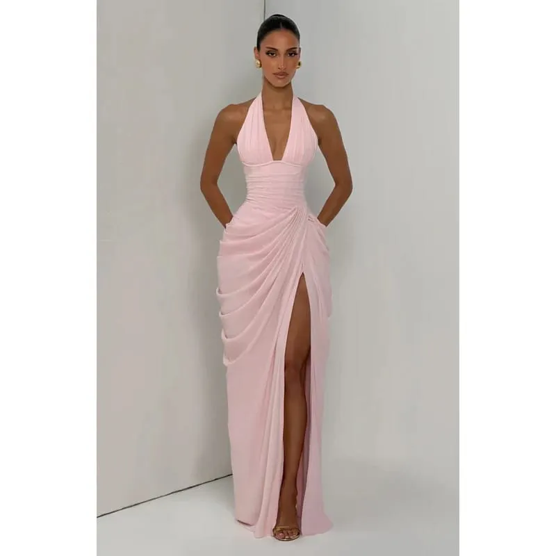 ผู้หญิงแฟชั่นจีบHalterชุดเอวCinchingแขนกุดBacklessแยกชุดMaxi 2026 เซ็กซี่ฤดูร้อนLady Party Gowns