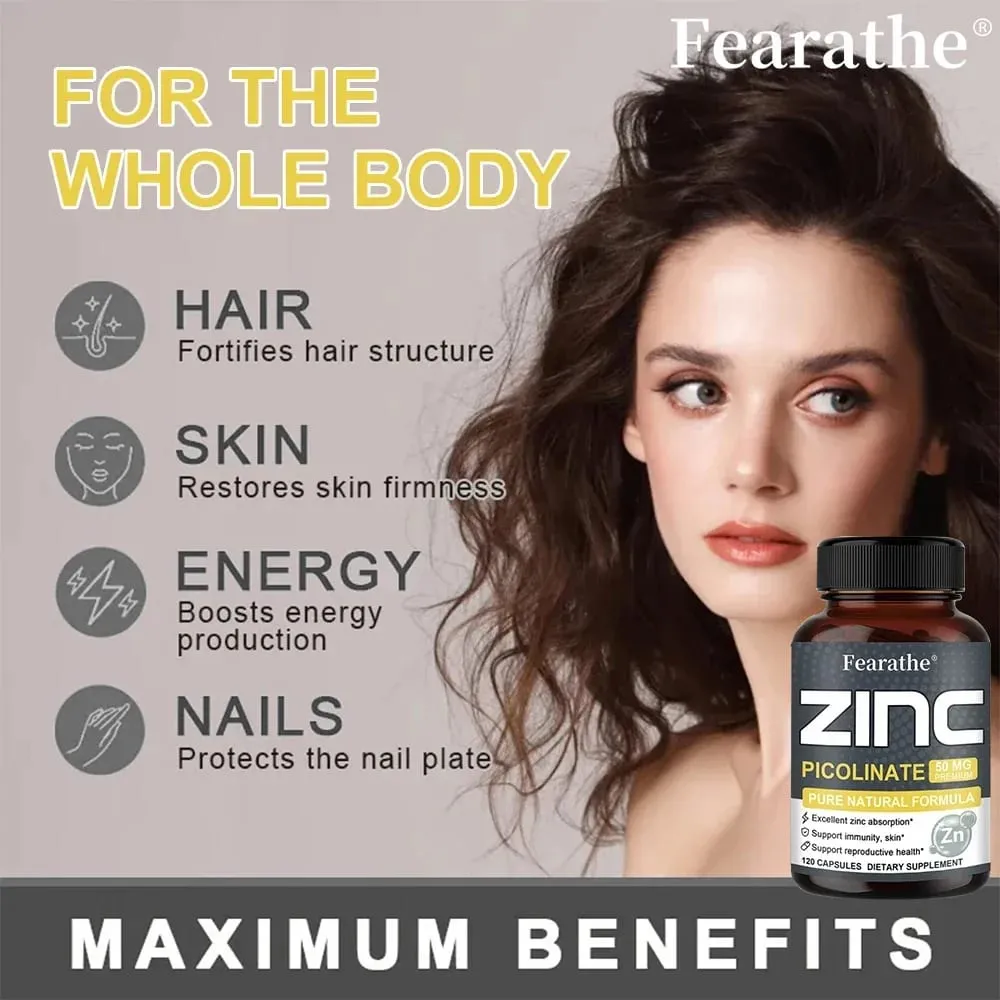 Cápsulas de Zinco 50 Mg - Suplemento Antioxidante Natural para Cabelo Imunológico, Unhas e Suporte para Pele Unissex