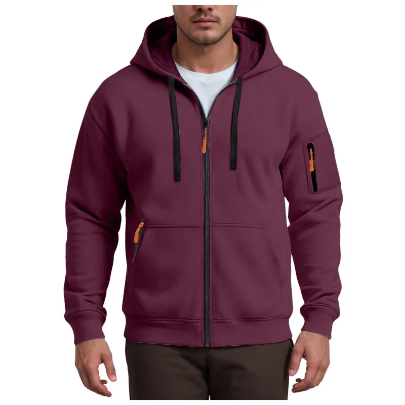 Men's Hoodies Solid Color Loose Zip Up Jacket Arm Zipper Pocket Hoodies Sand Hoodie Men