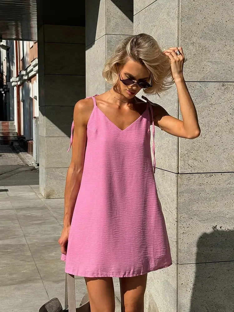 Ahagaga moda feminina vestidos sólidos cintas bandagem regular causal com decote em v sem mangas verão camisola solta doce femlae vestido — image 5