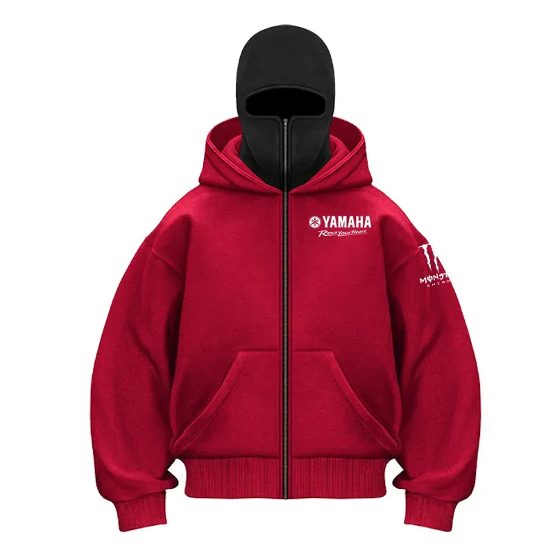 yamaha logo Naka-print na Cotton Cycling Mask Zipper Hoodie Lalaki at Babae Taglagas at Taglamig Bagong Estilo Fashion Casual Retro Cycling Jer