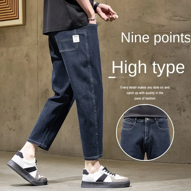 Men's Baggy Straight Leg Jeans Casual Stretch Denim 9-Length Comfortable Loose Trousers Spring Autumn Versatile Wide-Leg Pants
