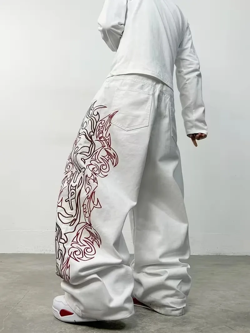 Unisex White Red Tribal Flame Print Loose Wide Leg Jeans Y2K Grunge Streetwear Oversized Denim Pants