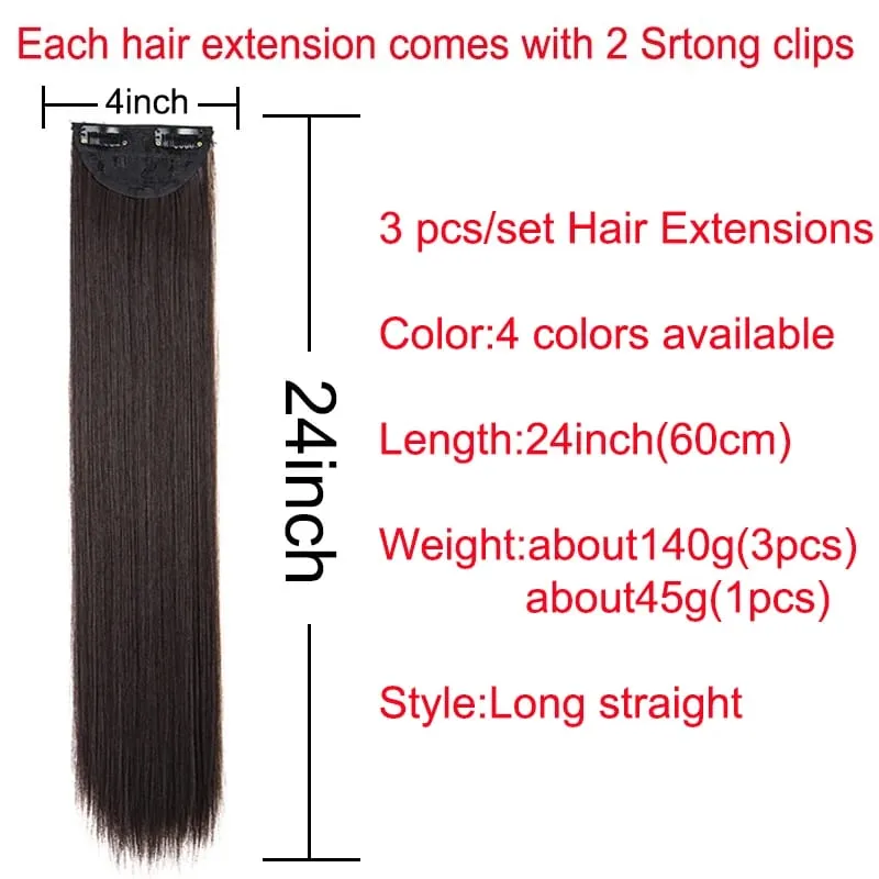 24Inch Synthetic 3pcs/set Long Straight Hair Extension Clip in Hair Heat-Resistant Fiber Hairpiece for Women