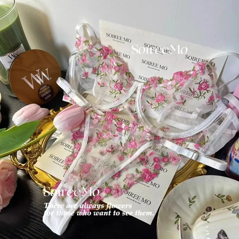 Sexy French Lingerie Set Floral Embroidery Sheer Mesh Bra with Soft Underwire Comfort Support for Large Bust CA S-XL MOYISU Bras