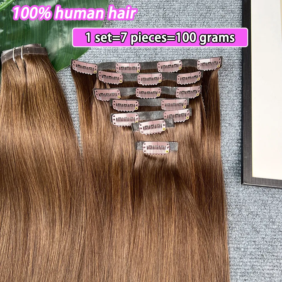 #2 Color Straight Clip ins Human Hair Extensions 100 Grams 7Pcs/Set Seamless PU Weft Clips in Vietnamese 100% Raw Virgin Hair — image 3