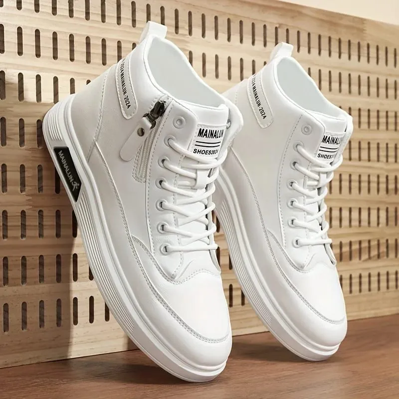High-Top Sneakers for Men Designed for All Seasons Featuring a Non-Slip PU Sole And a White Laceless Design Suitable for Urban
