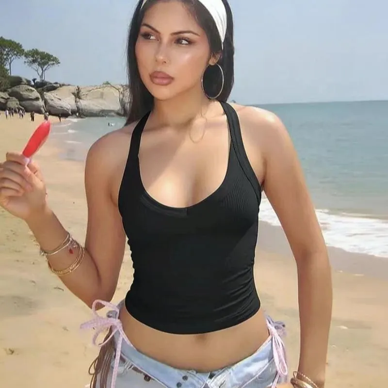 Women V Neck Ribbed Tank Top Sleeveless Racerback Camisole Slim Fit Basic Solid Color Crop Vest Casual Daily Workout Tops