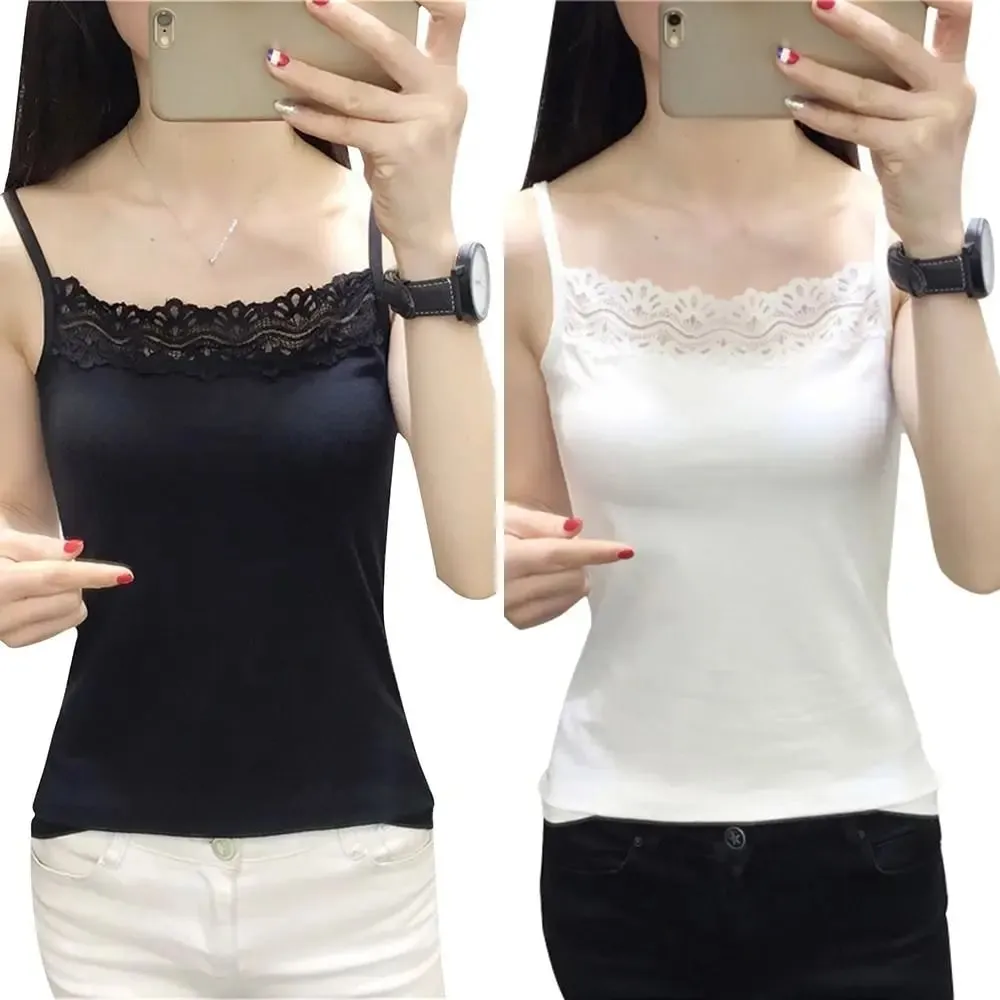 Casual Spaghetti Strap Summer Tank Tops With Lace Slim Cami Top Shirt Sport Underwear Vest Corset for Women