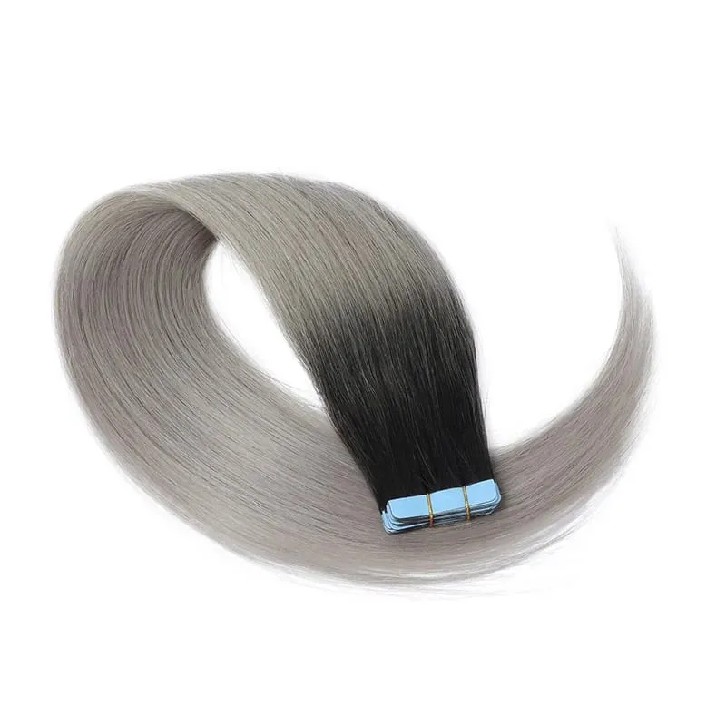 Black to Light Gray Color Tape in Hair Extensions Human Hair Seamless Tape Hair Extensions Skin Weft PU Tape On Hair 20Pcs 30G
