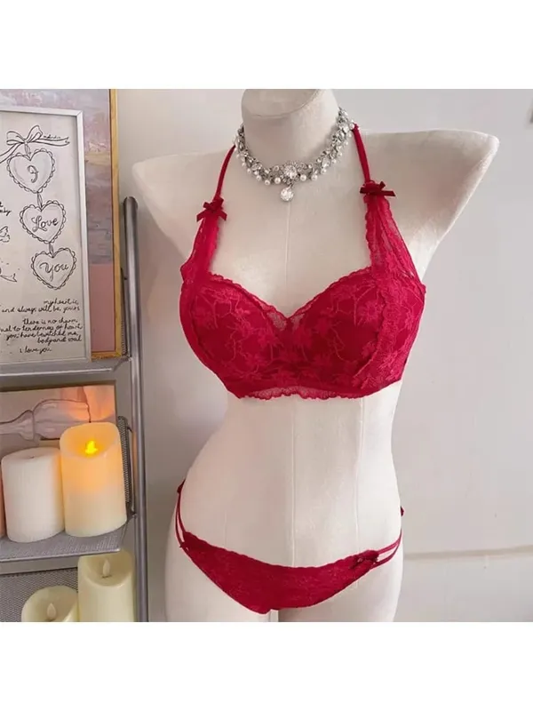 Sweet Halter Neck Bow Lace Wireless Bra Padded Push‑up Brassiere Ladies Layering Intimate Lingerie for Small Bust Size 32‑38 ABC