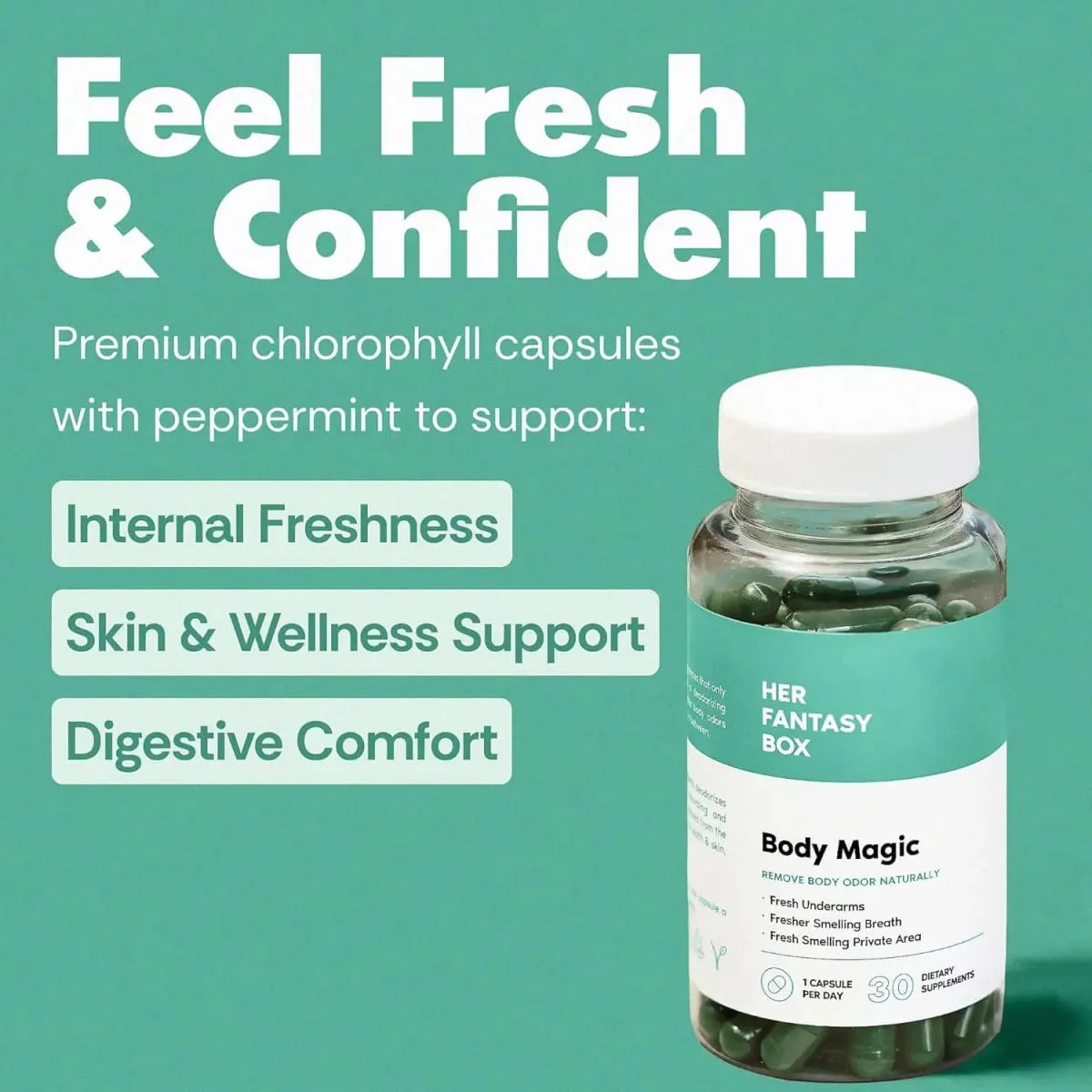 Her Fantasy Box | Body Magic | Chlorophyll Capsule - 30 Vegan Capsules for Detox Digestion Gut Health - Natural Energy Booster