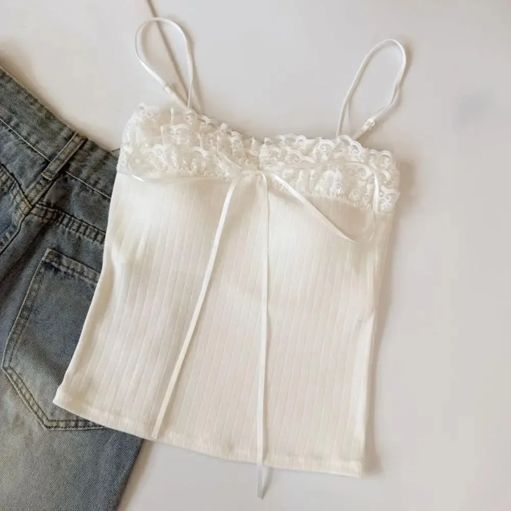 Korean Style Bow Slim Lace Crop Top Sweet Summer Girl's Vest Top Bottoming Shirt Spice Girls Style Camisole with Pads Lady