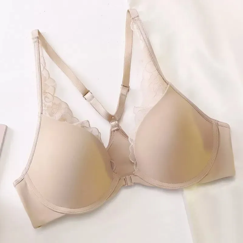 Seamless Front Buckle Halter Bra Soft Underwire Thin Summer Push Up Small Bust Minimizer Big Chest Sexy Back Lingerie 32-38 Set