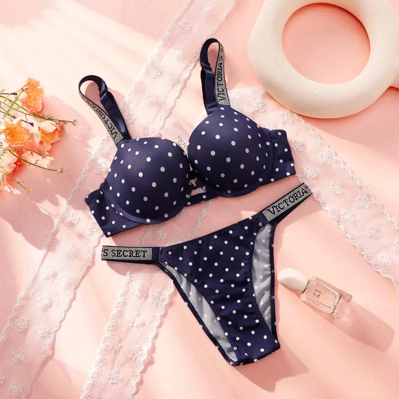 VS Bra And Panty Set Sexy Lingerie Sleepwear Pajamas Plus Size Soft Comfortable Luxury New Arrival Women Polka Dot Lace Push Up