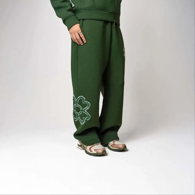 Olive Green Embroidered Zip Hoodie & Pants Set Men Streetwear Trendy Loose Casual 2-Piece Tracksuit New 2025 Fashion