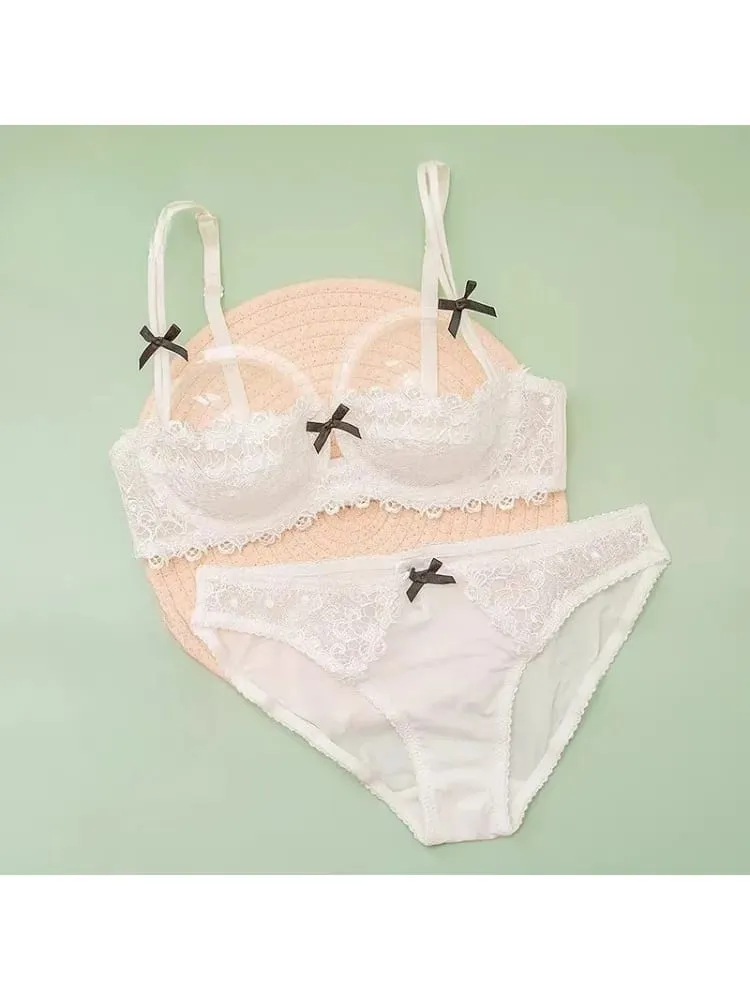 Sexy Lace Bra Set Women Plus Size Sheer Half Cup Push Up Lingerie Ultra Thin Transparent Concealed Nipple Underwear Hot